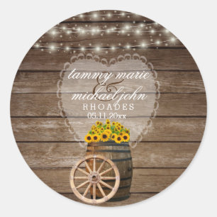 Rustic Wood Barrel Wedding with Sunflowers Classic Round Sticker