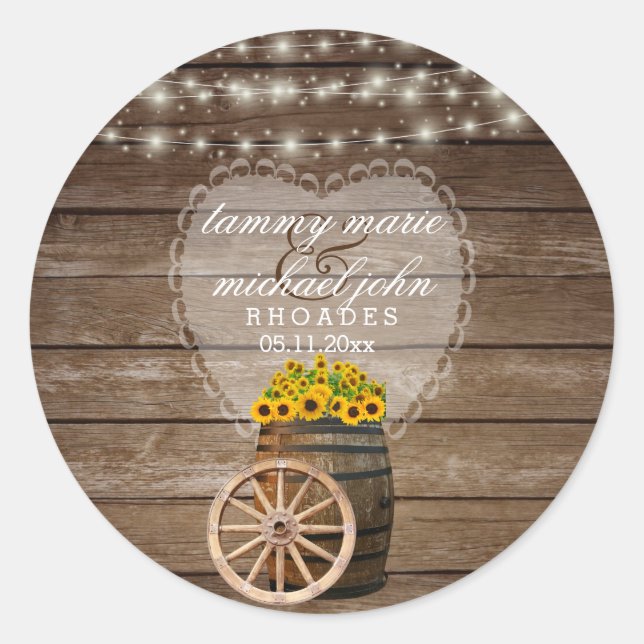 Rustic Wood Barrel Wedding with Sunflowers Classic Round Sticker (Front)
