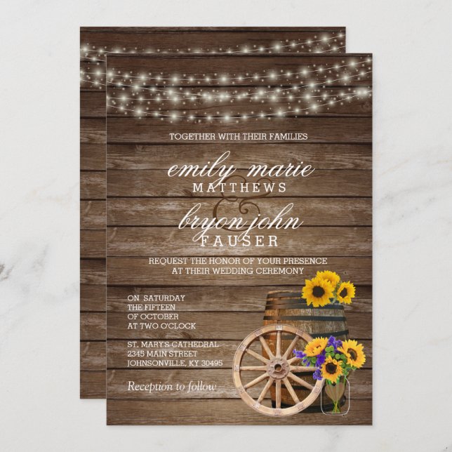 Rustic Wood Barrel Wedding with Sunflowers Invitation (Front/Back)