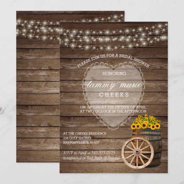 Rustic Wood Barrel Wedding with Sunflowers Invitation (Front/Back)