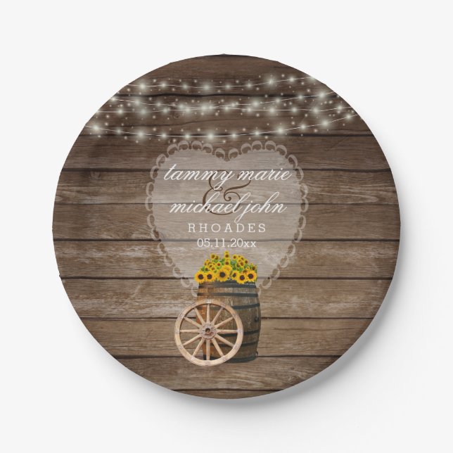 Rustic Wood Barrel Wedding with Sunflowers Paper Plate (Front)