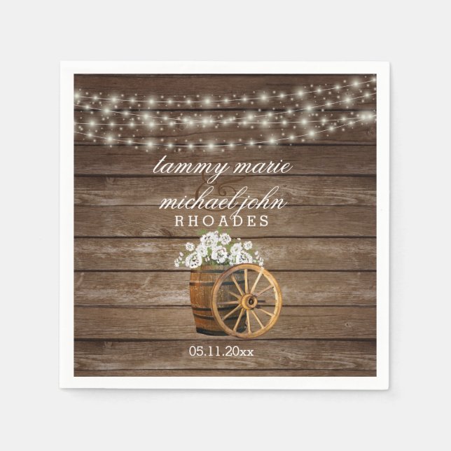 Rustic Wood Barrel Wedding with White Flowers 2 Napkin (Front)