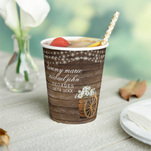 Rustic Wood Barrel Wedding with White Flowers Paper Cups