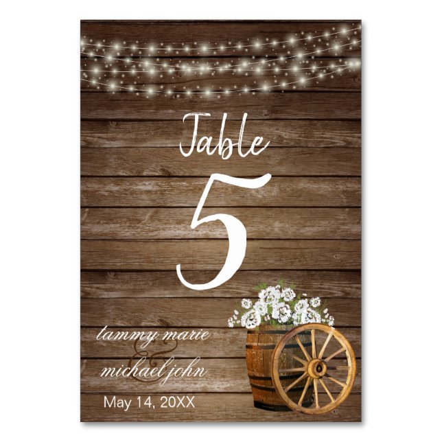 Rustic Wood Barrel, White Flowers 2- Table Number (Front)