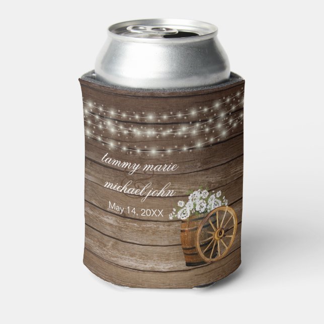 Rustic Wood Barrel with White  Flowers Can Cooler (Can Back)