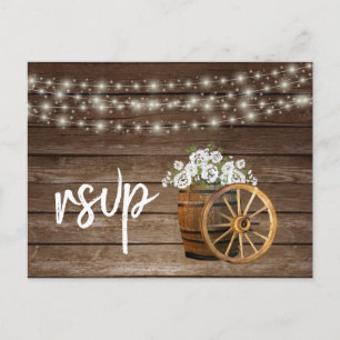 Rustic Wood Barrel with White Flowers - RSVP Invitation Postcard