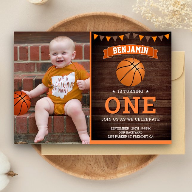 Rustic Wood Basketball First Birthday Party Photo Invitation (Creator Uploaded)