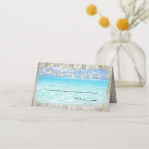 Rustic Wood Beach Coastal String Lights Wedding Place Card
