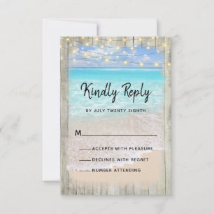 Rustic Wood Beach String Lights Coastal Wedding RSVP Card