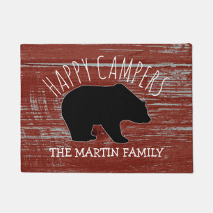 Rustic Wood Bear Family Name Happy Campers Doormat