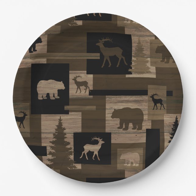 Rustic wood bear moose pattern paper plates (Front)