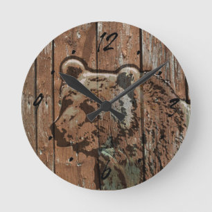 Rustic wood bear round clock
