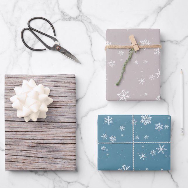 Rustic Wood Beige Blue Snowflake Pattern Christmas Wrapping Paper Sheet (Front)