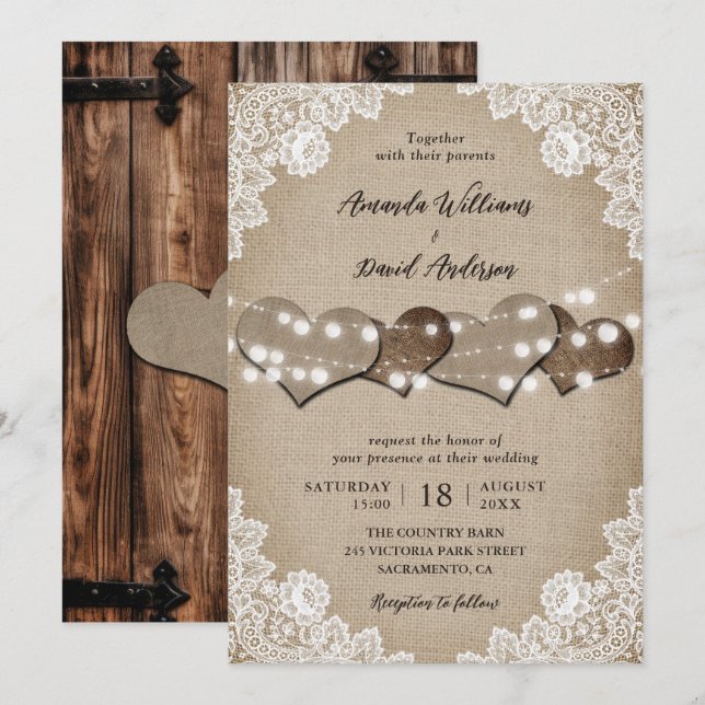 Rustic Wood Beige Burlap White Floral Lace Wedding Invitation (Front/Back)