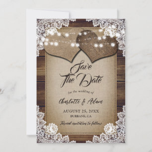 Rustic Wood Beige Burlap White Floral Lace Wedding Save The Date