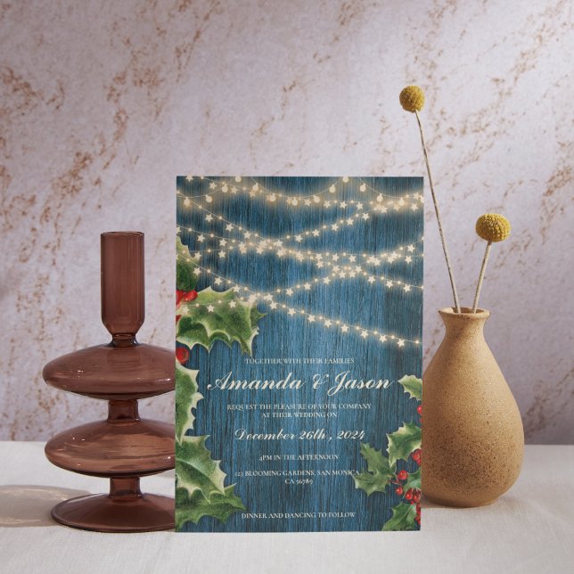 Rustic Wood Berries Christmas wedding Invitation Postcard (Rustic Wood Berries Christmas wedding Invitation Postcard)