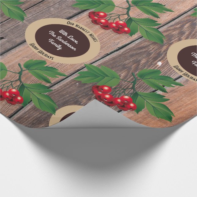 Rustic Wood, Berries & Personalisation Christmas Wrapping Paper (Corner)