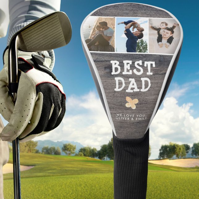 Rustic Wood Best Dad 3 Photo Collage Keepsake Golf Head Cover (Creator Uploaded)