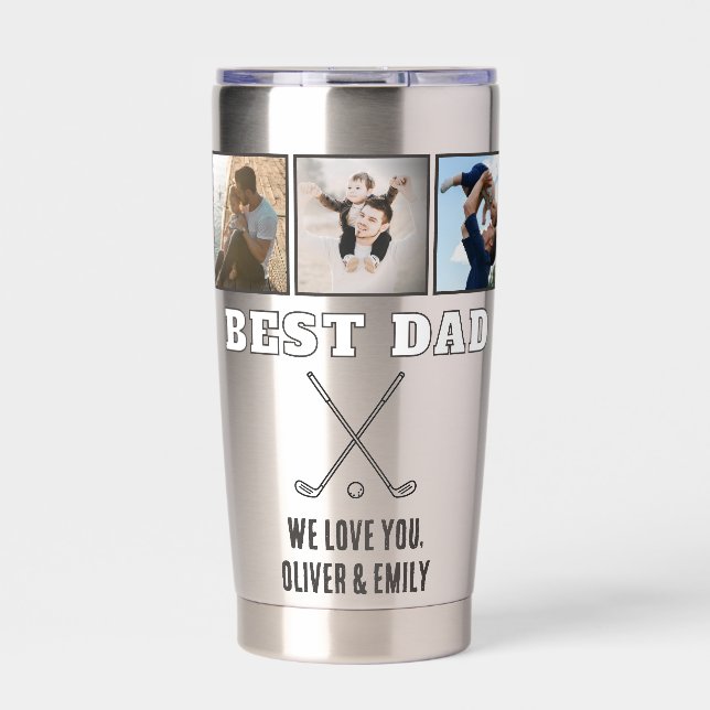 Rustic Wood Best Dad 3 Photo Collage Keepsake Golf Insulated Tumbler (Front)