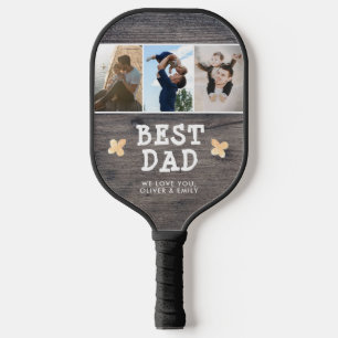 Rustic Wood Best Dad 3 Photo Collage Keepsake Pickleball Paddle
