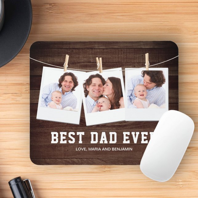 Rustic Wood Best Dad Ever 3 Photo Collage Mouse Mat (Creator Uploaded)