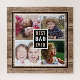 Rustic Wood Best Dad Ever 4 Family Photo Collage Jigsaw Puzzle