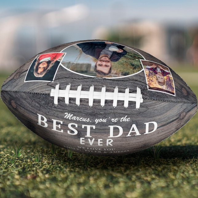 Rustic Wood Best Dad Ever Father 3 Photo Collage American Football (Creator Uploaded)