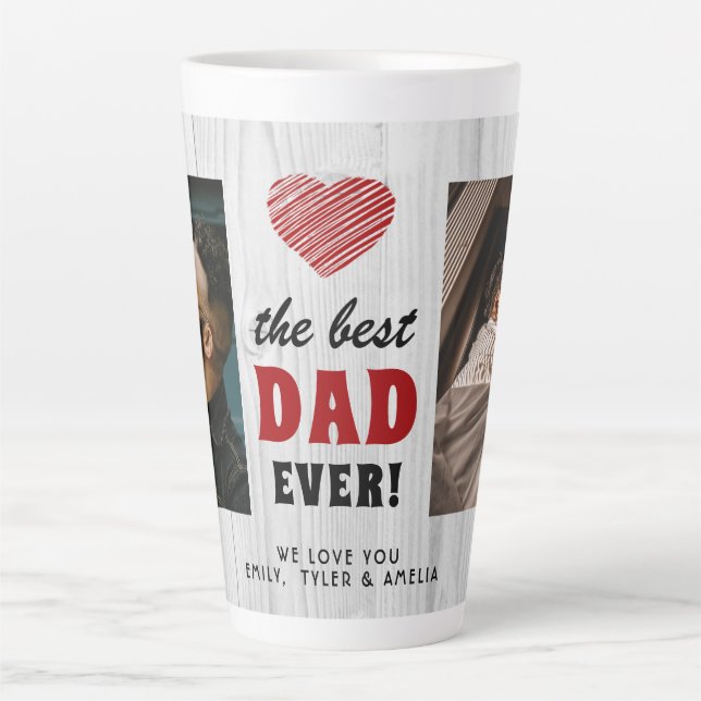 Rustic Wood Best Dad Ever Red Heart 2 Photo Latte Mug (Front)