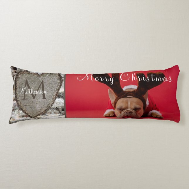 Rustic Wood  Birch Bark Heart Family Photo Xmas Body Cushion (Front)