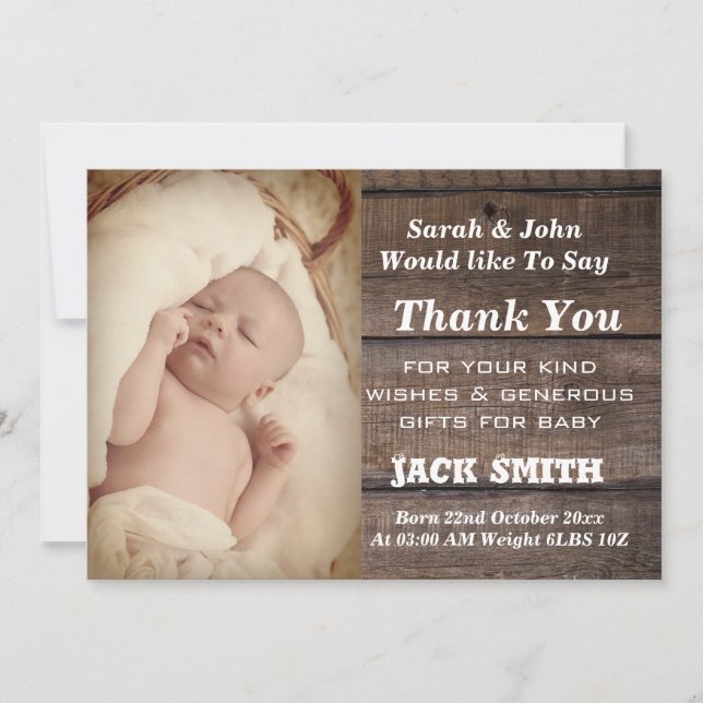Rustic Wood Birth Announcement Thank You Card (Front)