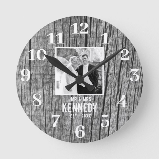 Rustic Wood Black And White Photo Wedding Round Clock (Front)