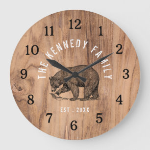 Rustic Wood Black Bear Cabin House Family Name Large Clock