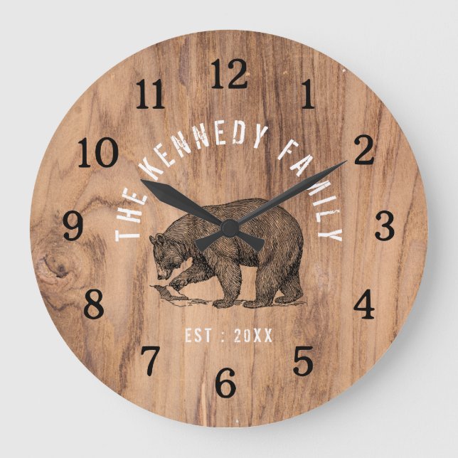 Rustic Wood Black Bear Cabin House Family Name   Large Clock (Front)