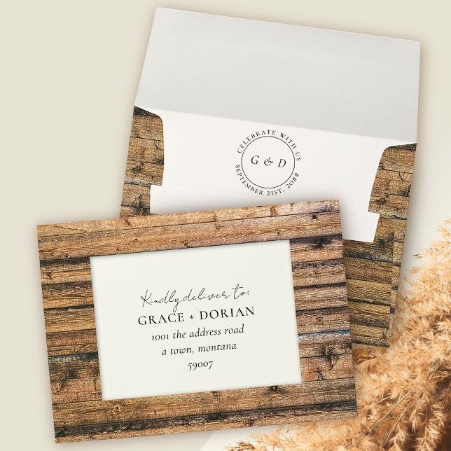 Rustic Wood Black White Ivory Address RSVP Wedding Envelope (Creator Uploaded)