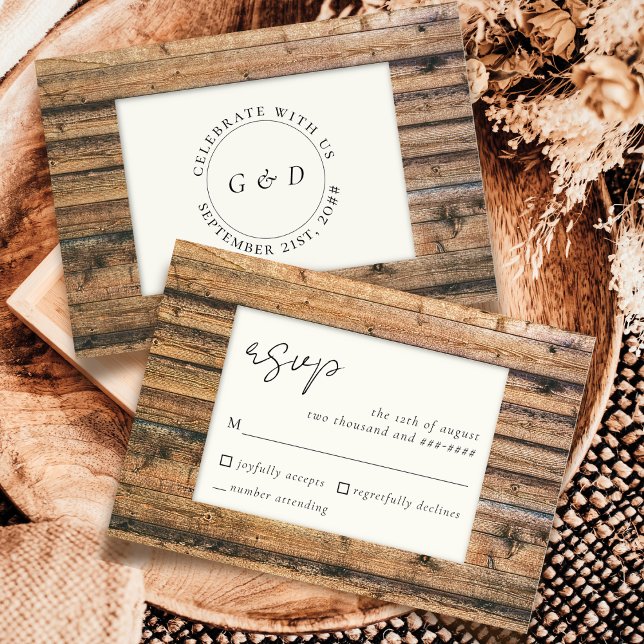 Rustic Wood Black White Ivory Elegant Wedding RSVP Card (Creator Uploaded)