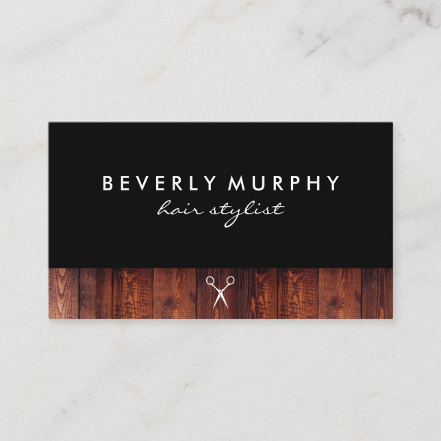 Rustic Wood Black with Shear Logo Business Card (Front)