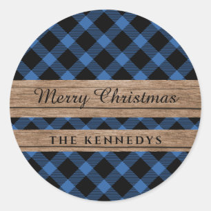 Rustic Wood Blue and Black Buffalo Plaid Christmas Classic Round Sticker