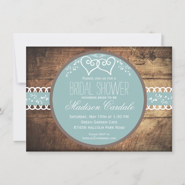 Rustic Wood Blue Bridal Shower Invitations (Front)