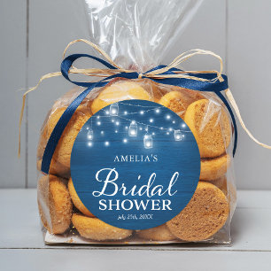 Rustic Wood Blue Bridal Shower Mason Jars Lights Classic Round Sticker