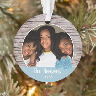 Rustic Wood Blue Christmas Tree Photo Ornament