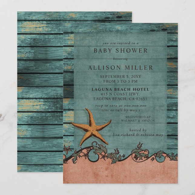 Rustic Wood Blue Coral Starfish Beach Baby Shower Invitation (Front/Back)