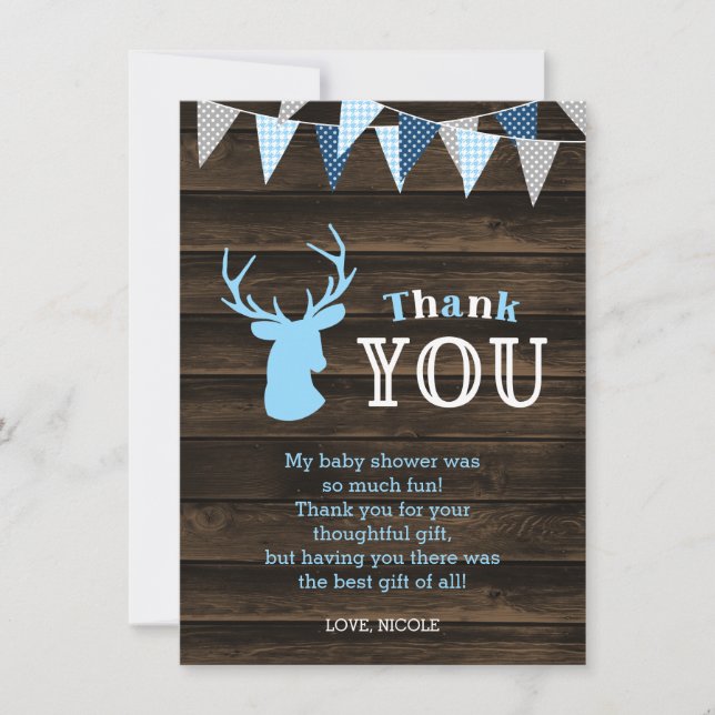 Rustic Wood Blue Deer Baby Shower Thank You Card (Front)
