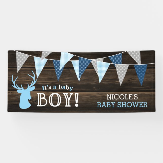 Rustic Wood Blue Deer Boy Baby Shower Banner (Horizontal)