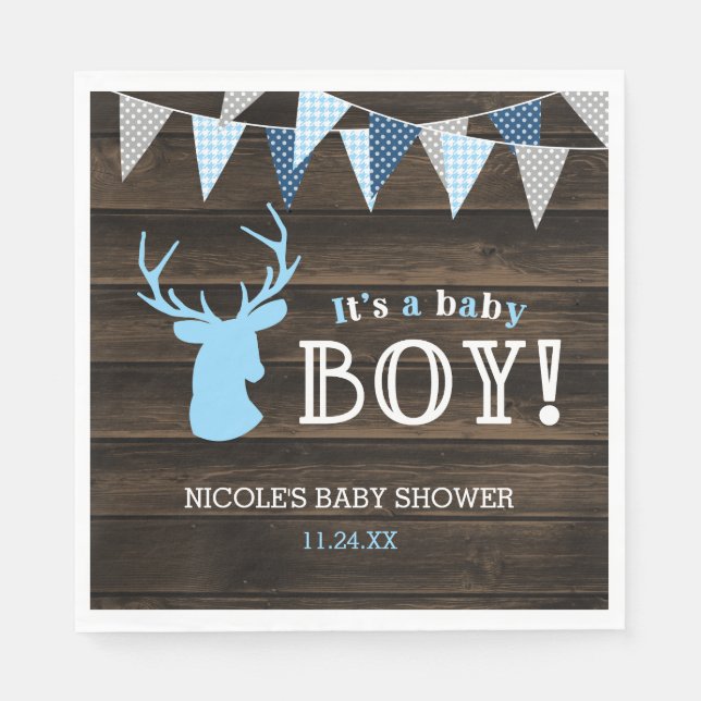 Rustic Wood Blue Deer Boy Baby Shower Napkin (Front)