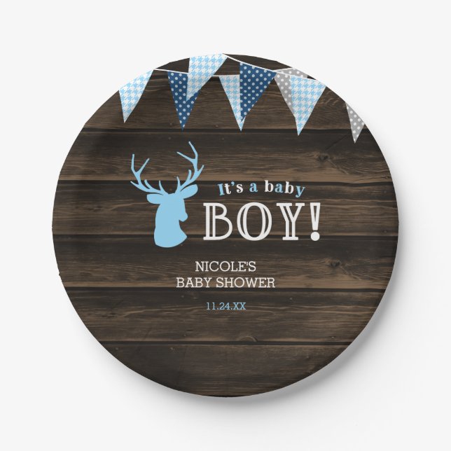 Rustic Wood Blue Deer Boy Baby Shower Paper Plate (Front)