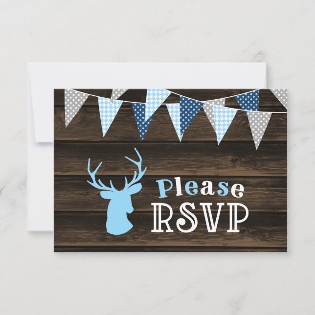 Rustic Wood Blue Deer Boy Baby Shower RSVP Card (Front)