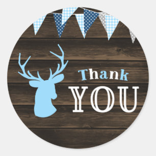 Rustic Wood Blue Deer Boy Baby Shower Thank You Classic Round Sticker