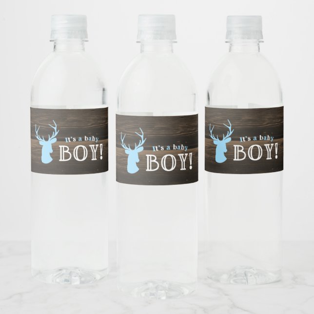 Rustic Wood Blue Deer Boy Baby Shower Water Bottle Label (Bottles)
