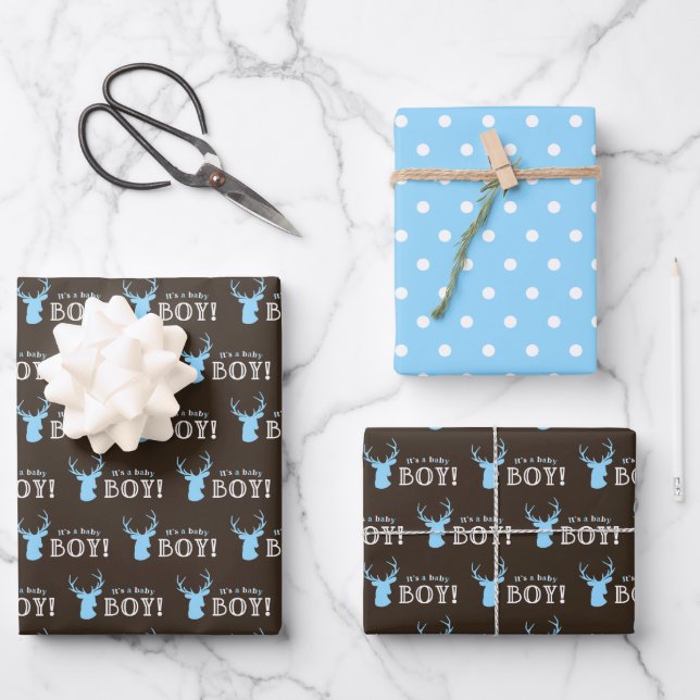 Rustic Wood Blue Deer Boy Baby Shower Wrapping Paper Sheet (Front)