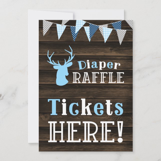 Rustic Wood Blue Deer Diaper Raffle Ticket Sign Invitation (Front)